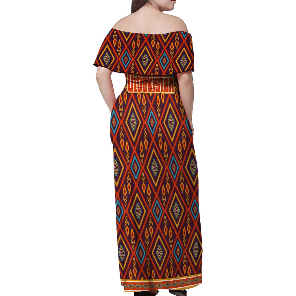 Uzbekistan Family Matching Off Shoulder Maxi Dress and Hawaiian Shirt with Traditional Geometric Motif Design - Wonder Print Shop