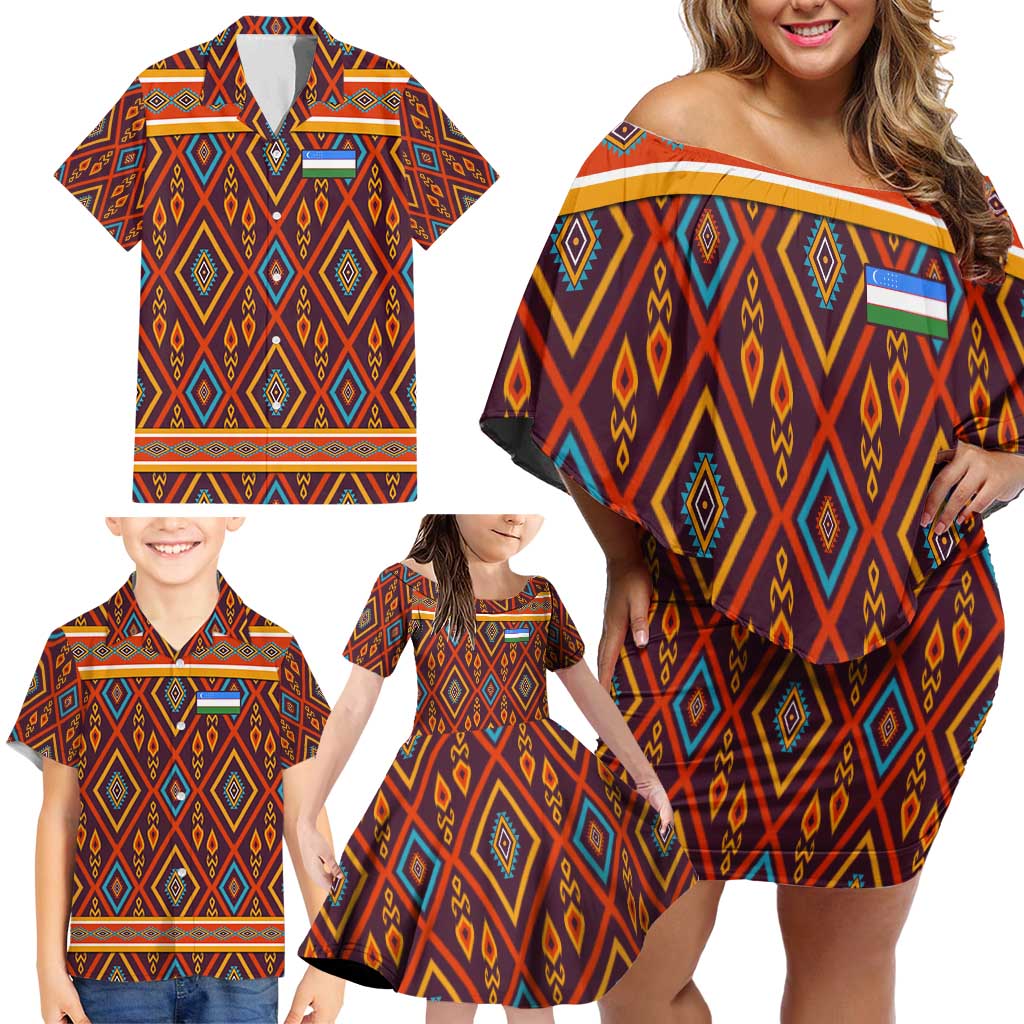 Uzbekistan Family Matching Off Shoulder Short Dress and Hawaiian Shirt with Traditional Geometric Motif Design - Wonder Print Shop