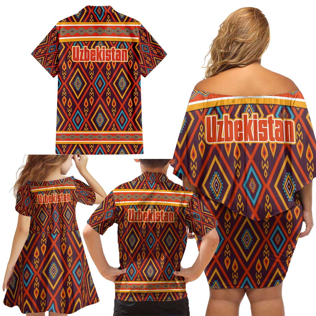 Uzbekistan Family Matching Off Shoulder Short Dress and Hawaiian Shirt with Traditional Geometric Motif Design - Wonder Print Shop