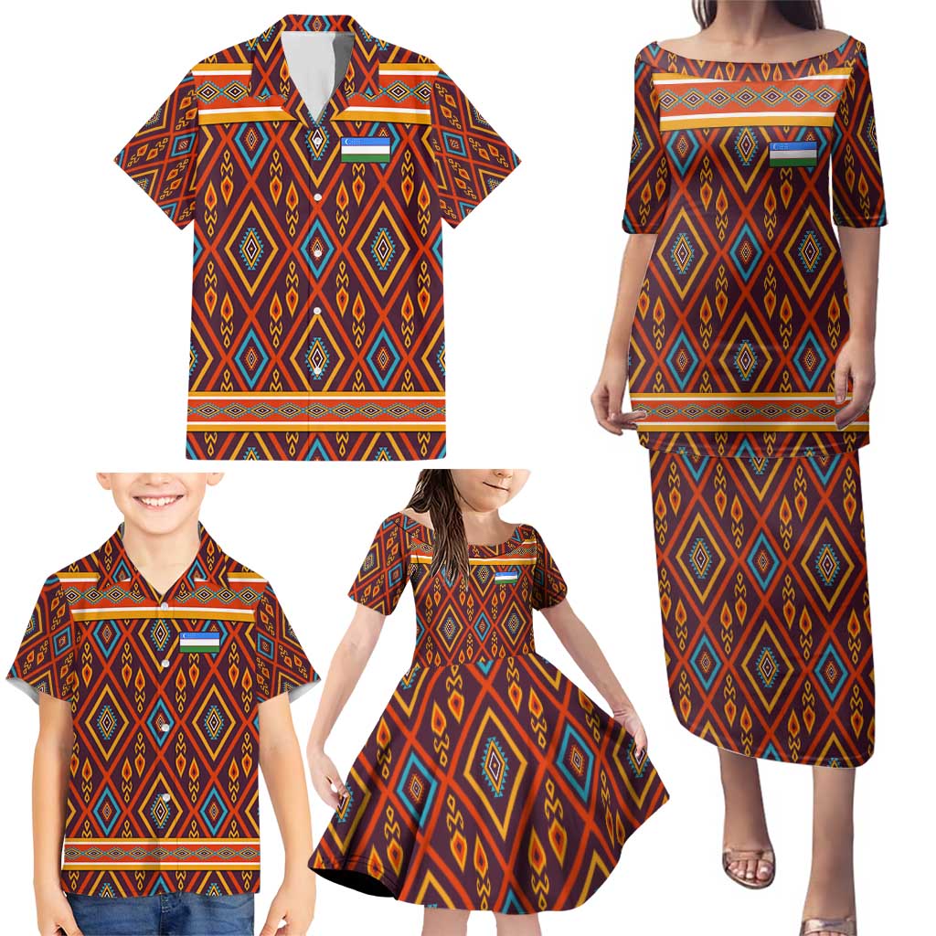 Uzbekistan Family Matching Puletasi and Hawaiian Shirt with Traditional Geometric Motif Design - Wonder Print Shop