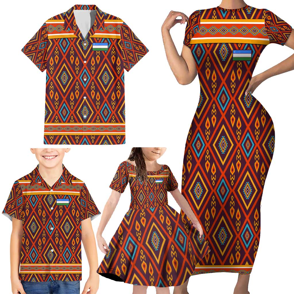 Uzbekistan Family Matching Short Sleeve Bodycon Dress and Hawaiian Shirt with Traditional Geometric Motif Design - Wonder Print Shop