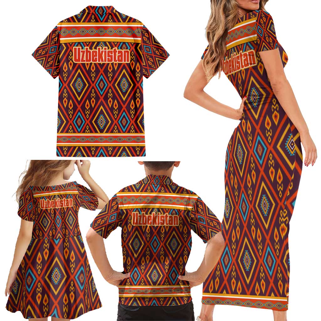 Uzbekistan Family Matching Short Sleeve Bodycon Dress and Hawaiian Shirt with Traditional Geometric Motif Design - Wonder Print Shop