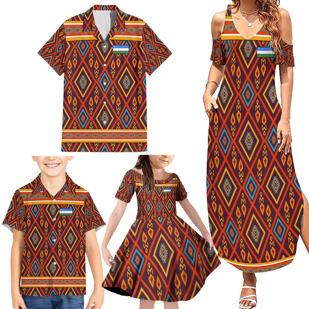 Uzbekistan Family Matching Summer Maxi Dress and Hawaiian Shirt with Traditional Geometric Motif Design - Wonder Print Shop