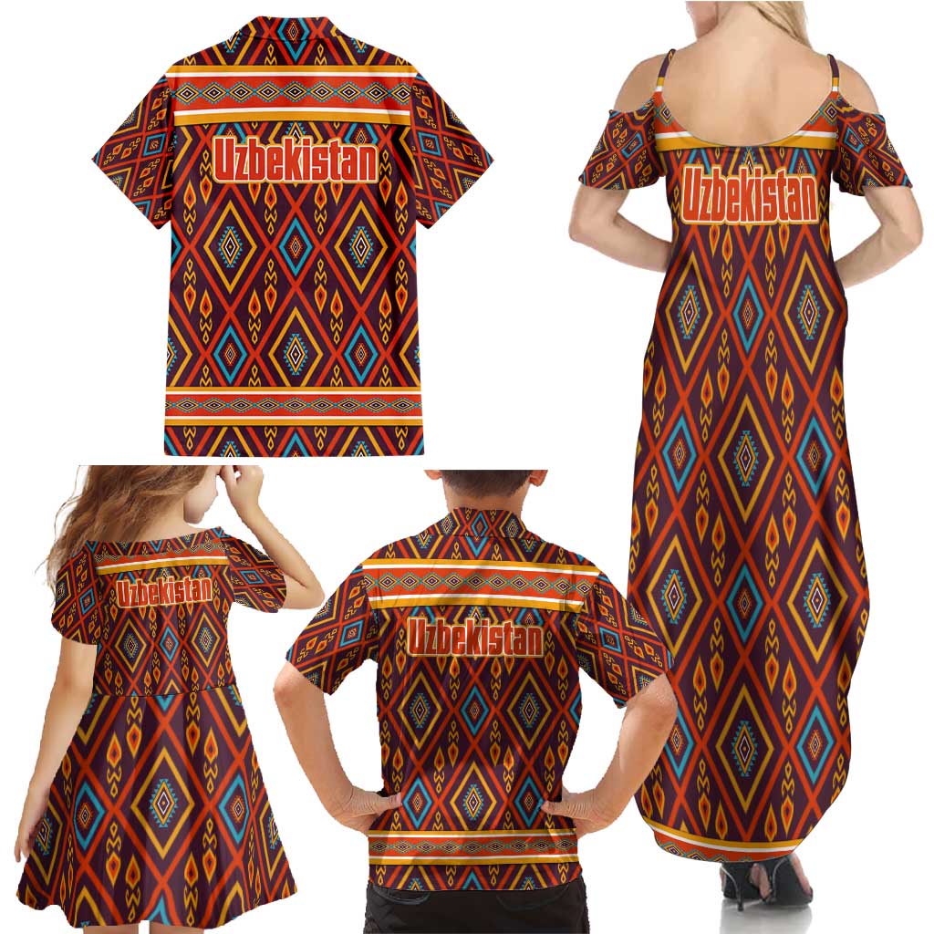 Uzbekistan Family Matching Summer Maxi Dress and Hawaiian Shirt with Traditional Geometric Motif Design - Wonder Print Shop