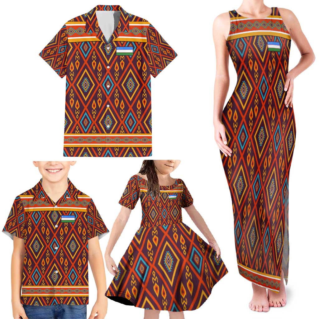Uzbekistan Family Matching Tank Maxi Dress and Hawaiian Shirt with Traditional Geometric Motif Design - Wonder Print Shop