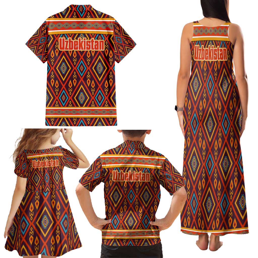 Uzbekistan Family Matching Tank Maxi Dress and Hawaiian Shirt with Traditional Geometric Motif Design - Wonder Print Shop