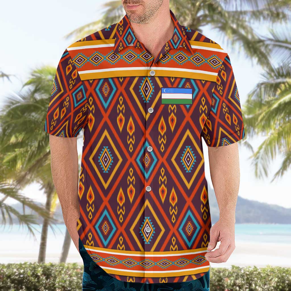 Uzbekistan Hawaiian Shirt with Traditional Geometric Motif Design - Wonder Print Shop