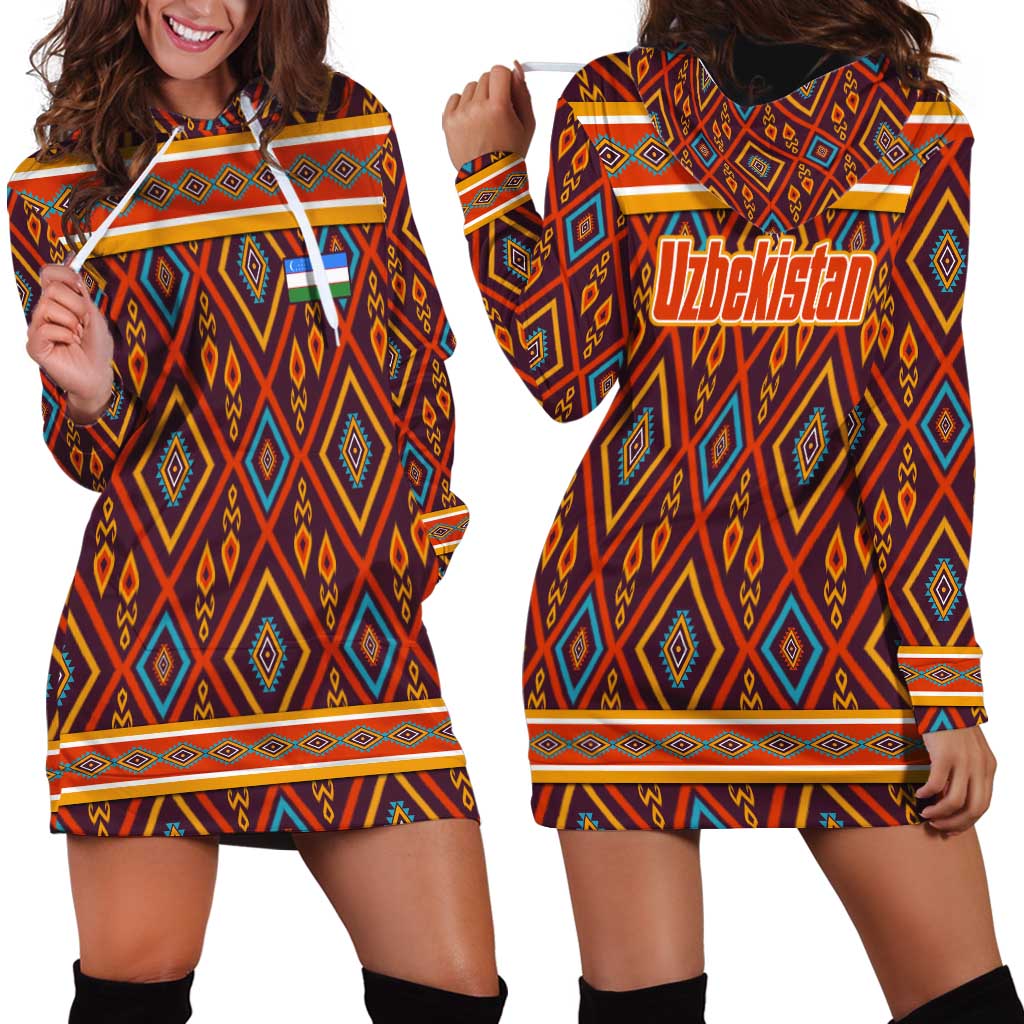 Uzbekistan Hoodie Dress with Traditional Geometric Motif Design - Wonder Print Shop