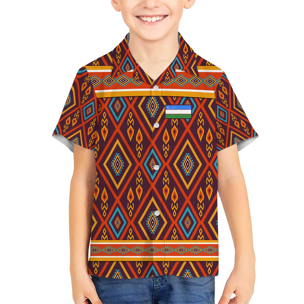 Uzbekistan Kid Hawaiian Shirt with Traditional Geometric Motif Design - Wonder Print Shop