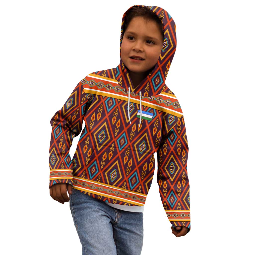 Uzbekistan Kid Hoodie with Traditional Geometric Motif Design - Wonder Print Shop