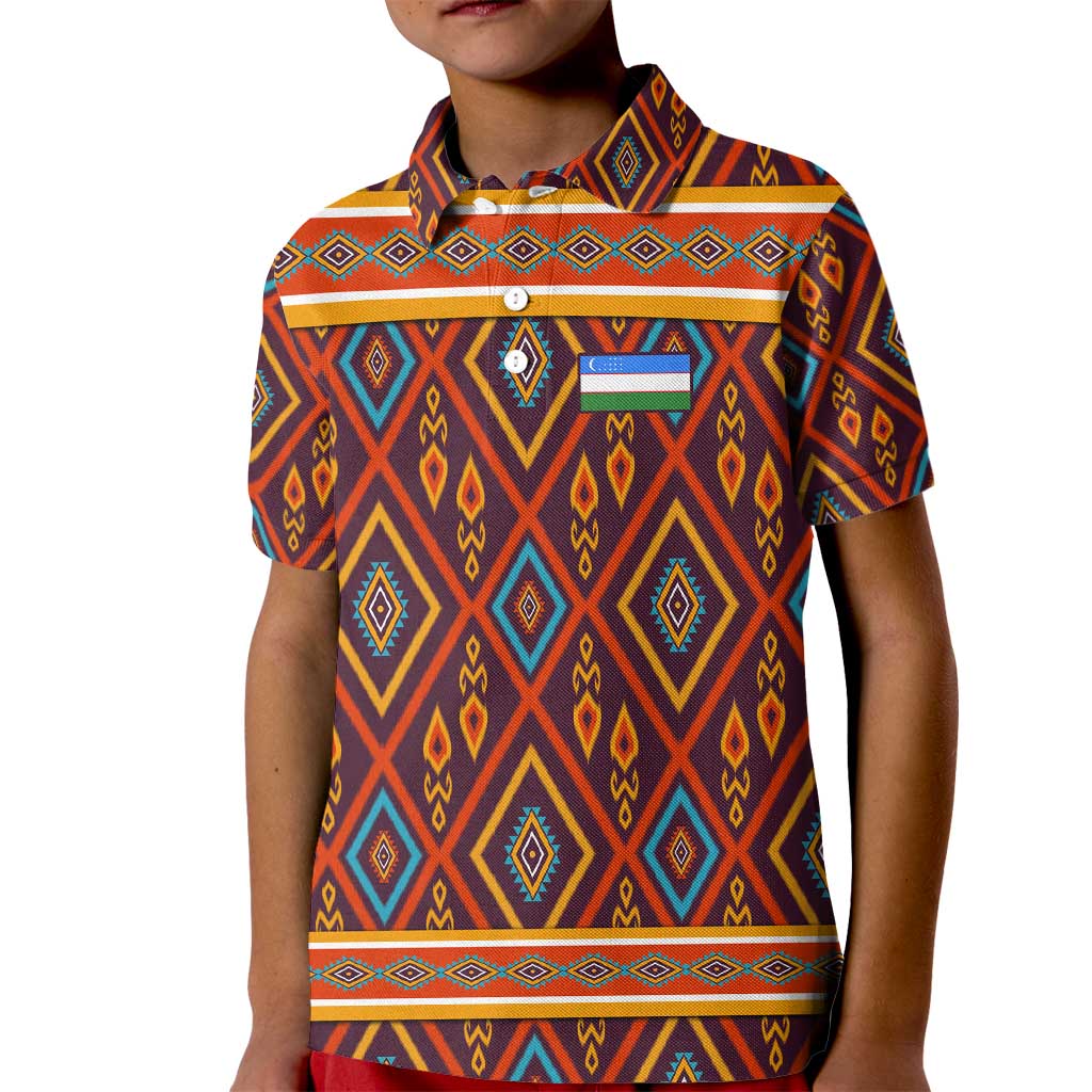 Uzbekistan Kid Polo Shirt with Traditional Geometric Motif Design - Wonder Print Shop