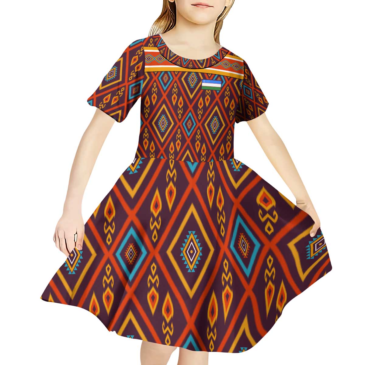 Uzbekistan Kid Short Sleeve Dress with Traditional Geometric Motif Design - Wonder Print Shop