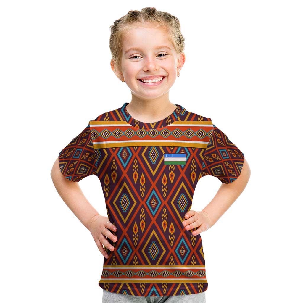Uzbekistan Kid T Shirt with Traditional Geometric Motif Design - Wonder Print Shop