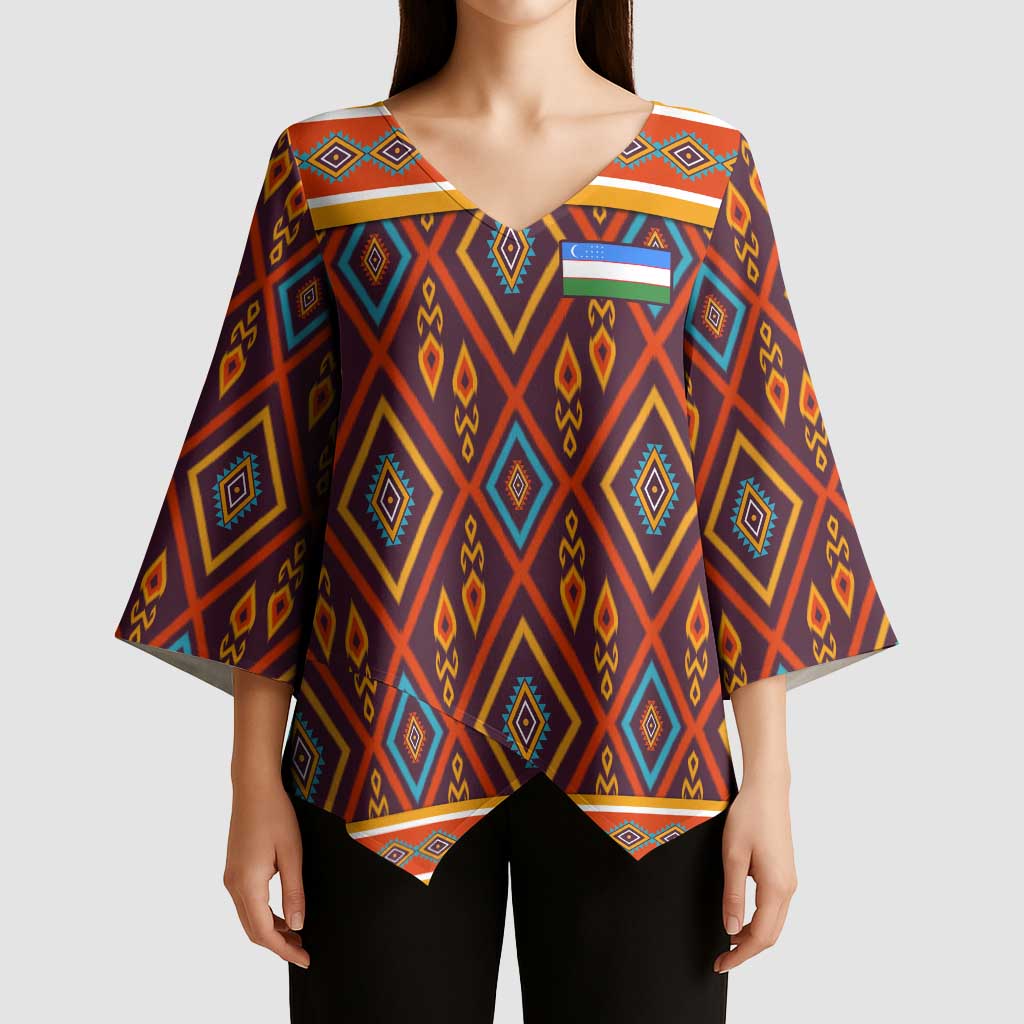 Uzbekistan Kimono Sleeve Blouse with Traditional Geometric Motif Design - Wonder Print Shop
