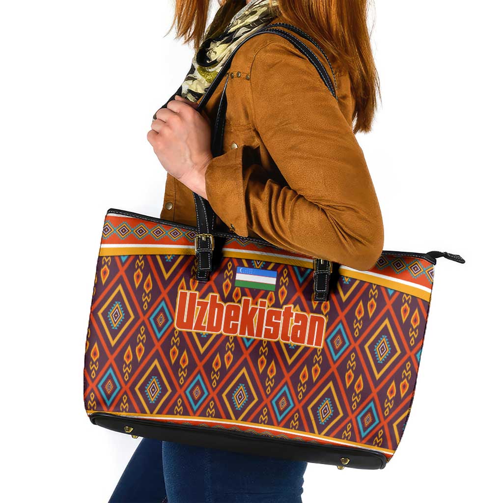 Uzbekistan Leather Tote Bag with Traditional Geometric Motif Design - Wonder Print Shop