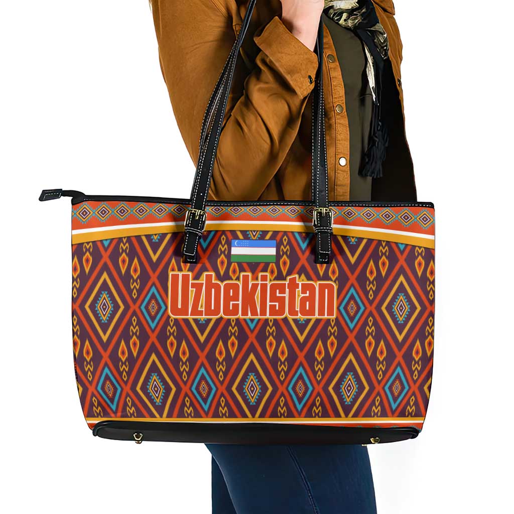 Uzbekistan Leather Tote Bag with Traditional Geometric Motif Design - Wonder Print Shop