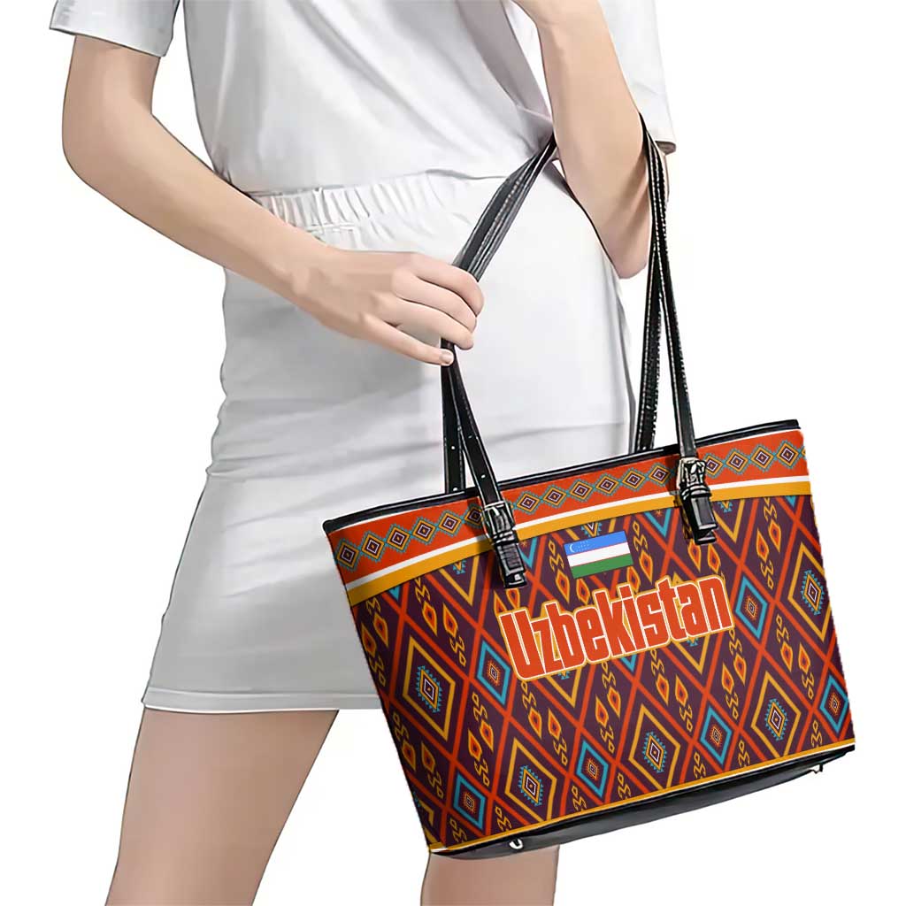 Uzbekistan Leather Tote Bag with Traditional Geometric Motif Design - Wonder Print Shop