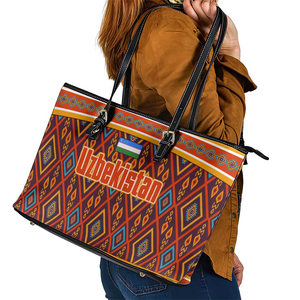 Uzbekistan Leather Tote Bag with Traditional Geometric Motif Design - Wonder Print Shop