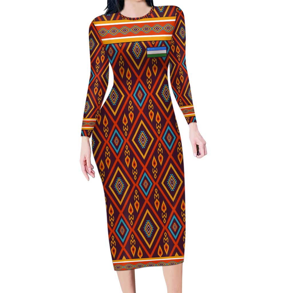 Uzbekistan Long Sleeve Bodycon Dress with Traditional Geometric Motif Design - Wonder Print Shop