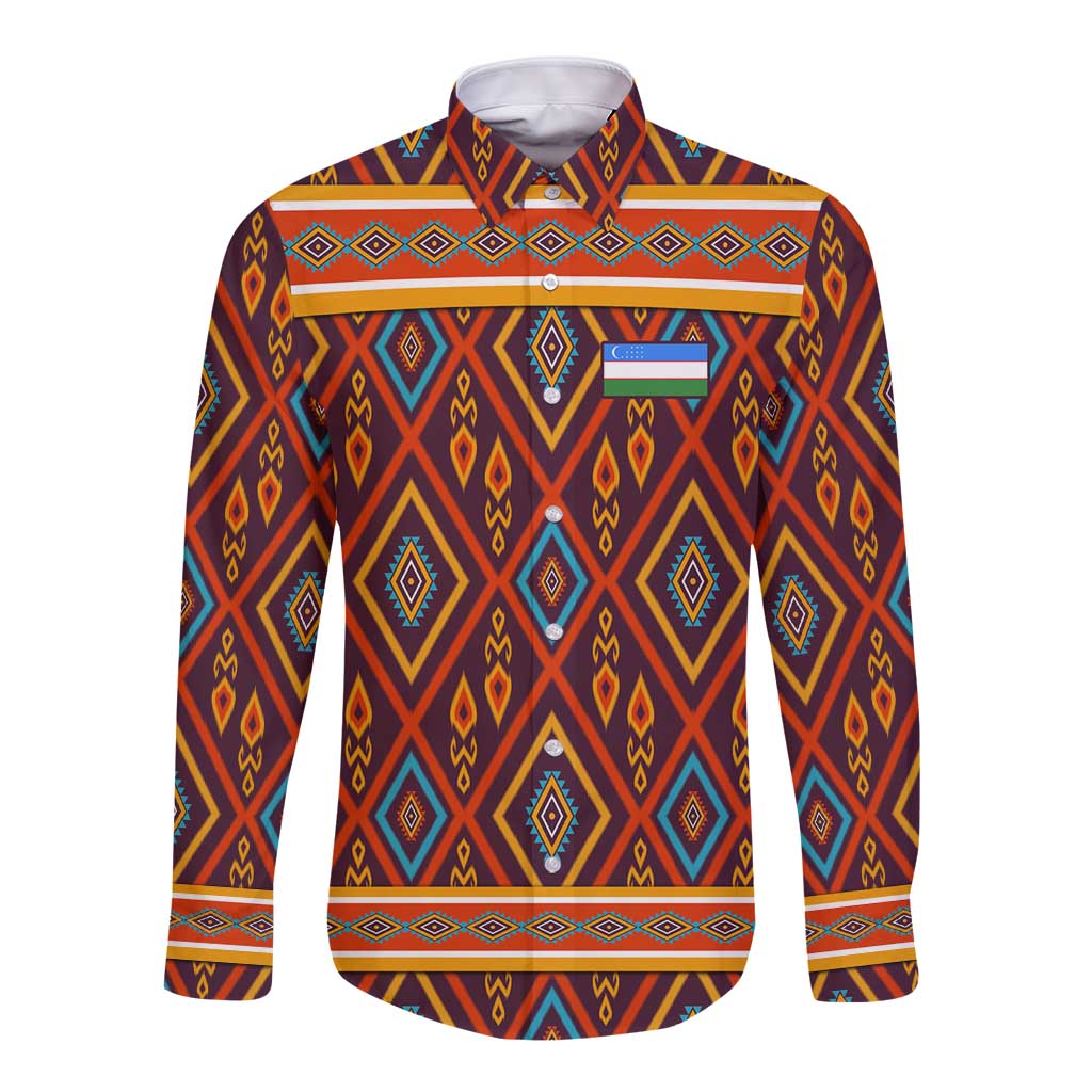Uzbekistan Long Sleeve Button Shirt with Traditional Geometric Motif Design - Wonder Print Shop