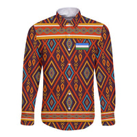 Uzbekistan Long Sleeve Button Shirt with Traditional Geometric Motif Design - Wonder Print Shop