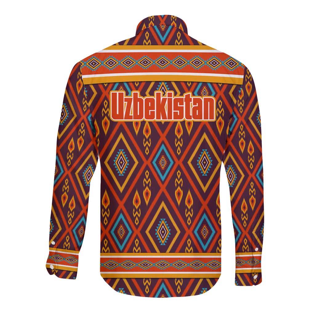 Uzbekistan Long Sleeve Button Shirt with Traditional Geometric Motif Design - Wonder Print Shop