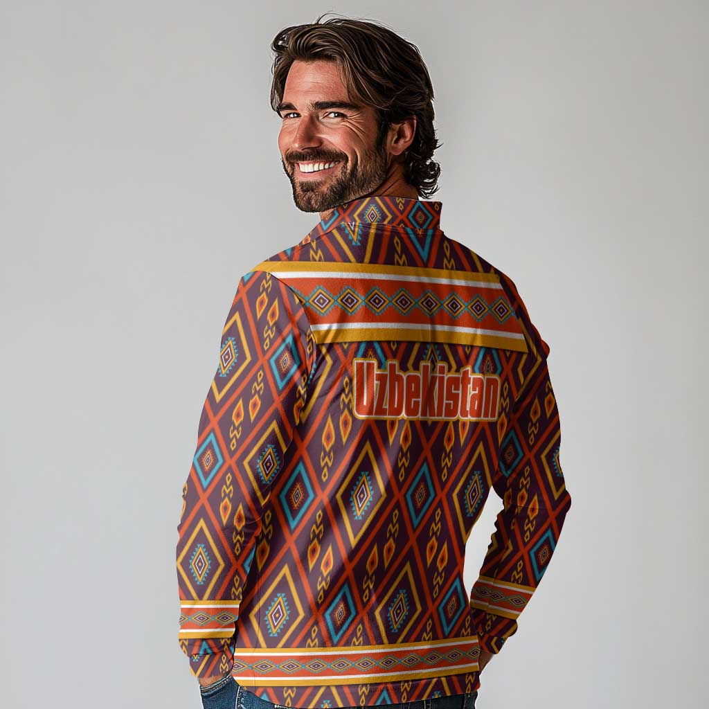 Uzbekistan Long Sleeve Polo Shirt with Traditional Geometric Motif Design - Wonder Print Shop