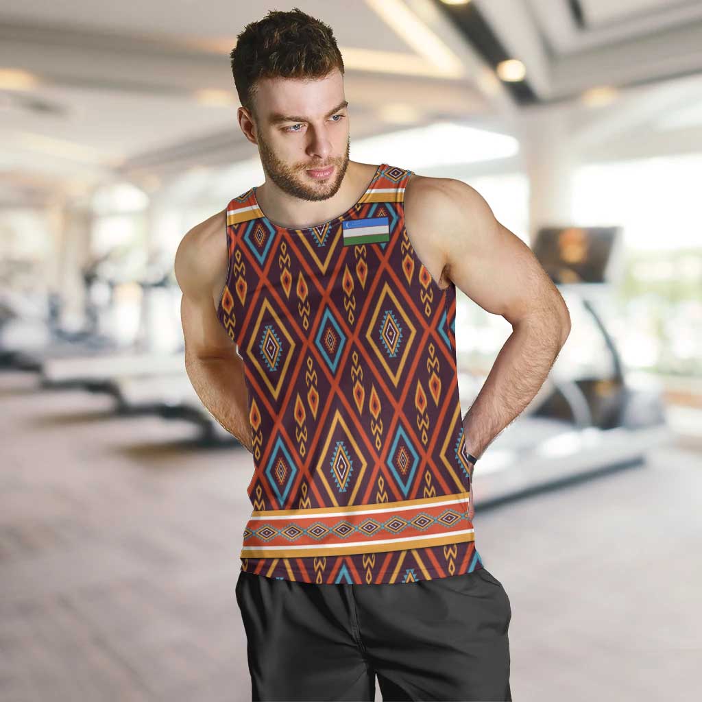 Uzbekistan Men Tank Top with Traditional Geometric Motif Design - Wonder Print Shop
