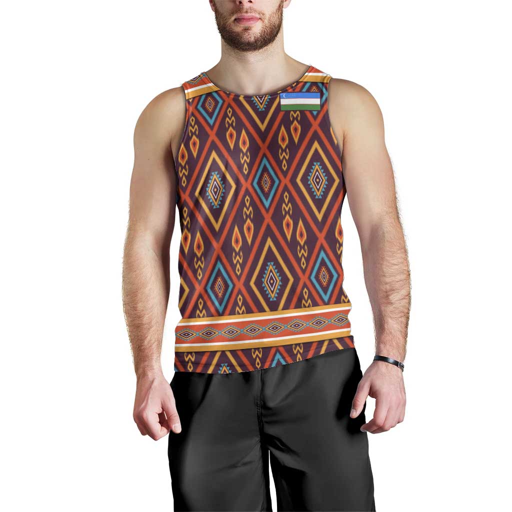 Uzbekistan Men Tank Top with Traditional Geometric Motif Design - Wonder Print Shop