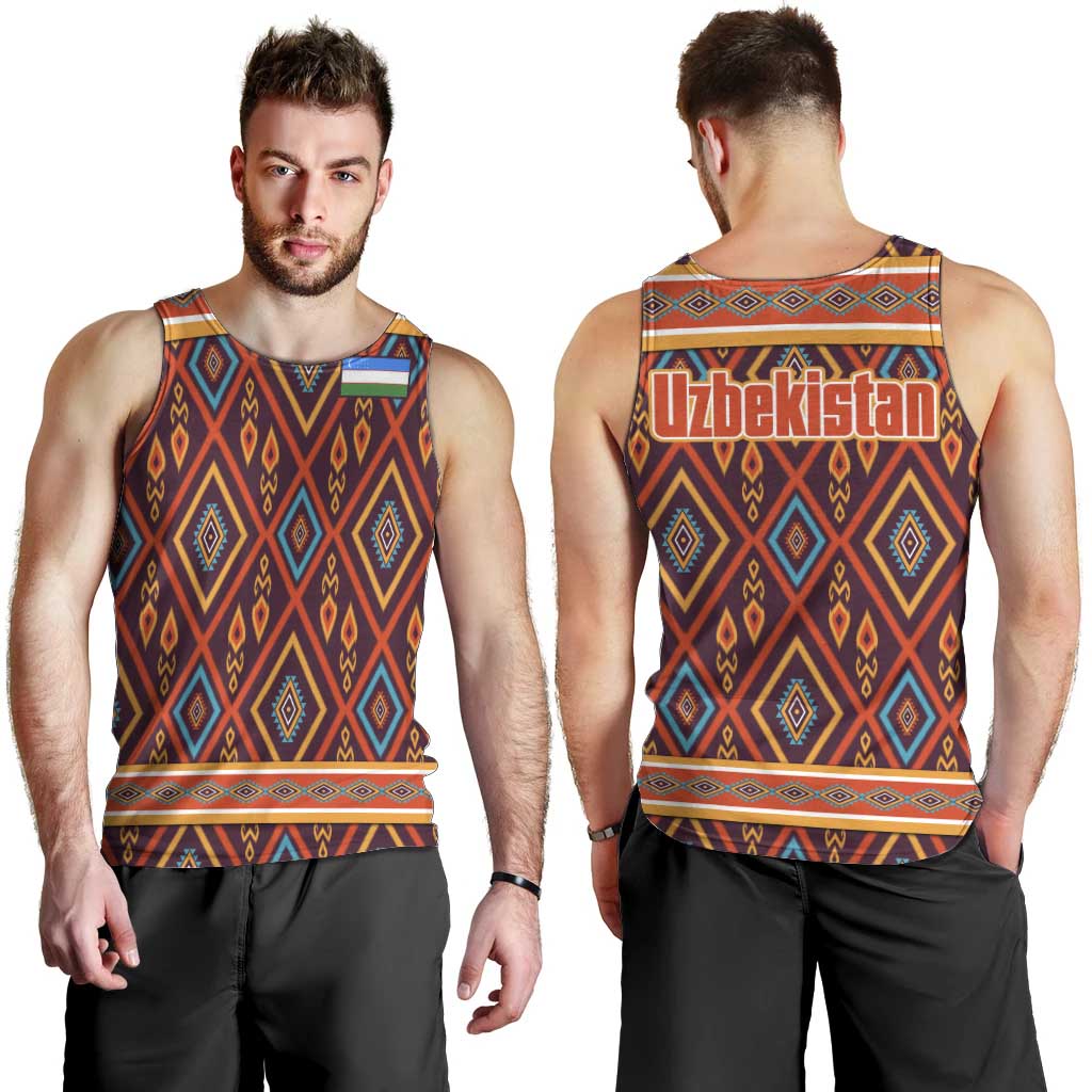 Uzbekistan Men Tank Top with Traditional Geometric Motif Design - Wonder Print Shop