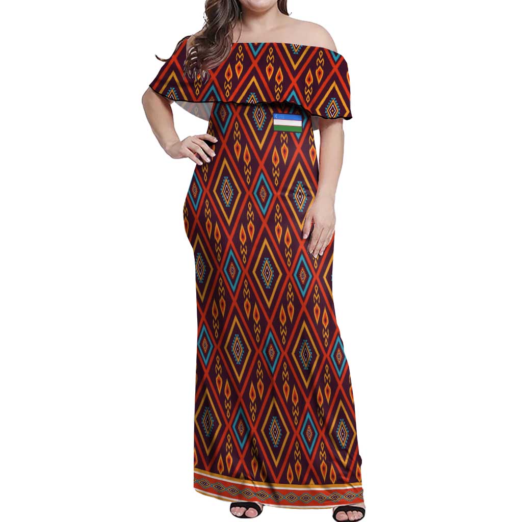 Uzbekistan Off Shoulder Maxi Dress with Traditional Geometric Motif Design - Wonder Print Shop