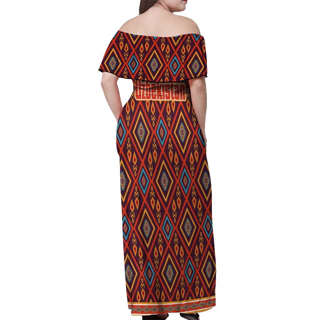 Uzbekistan Off Shoulder Maxi Dress with Traditional Geometric Motif Design - Wonder Print Shop