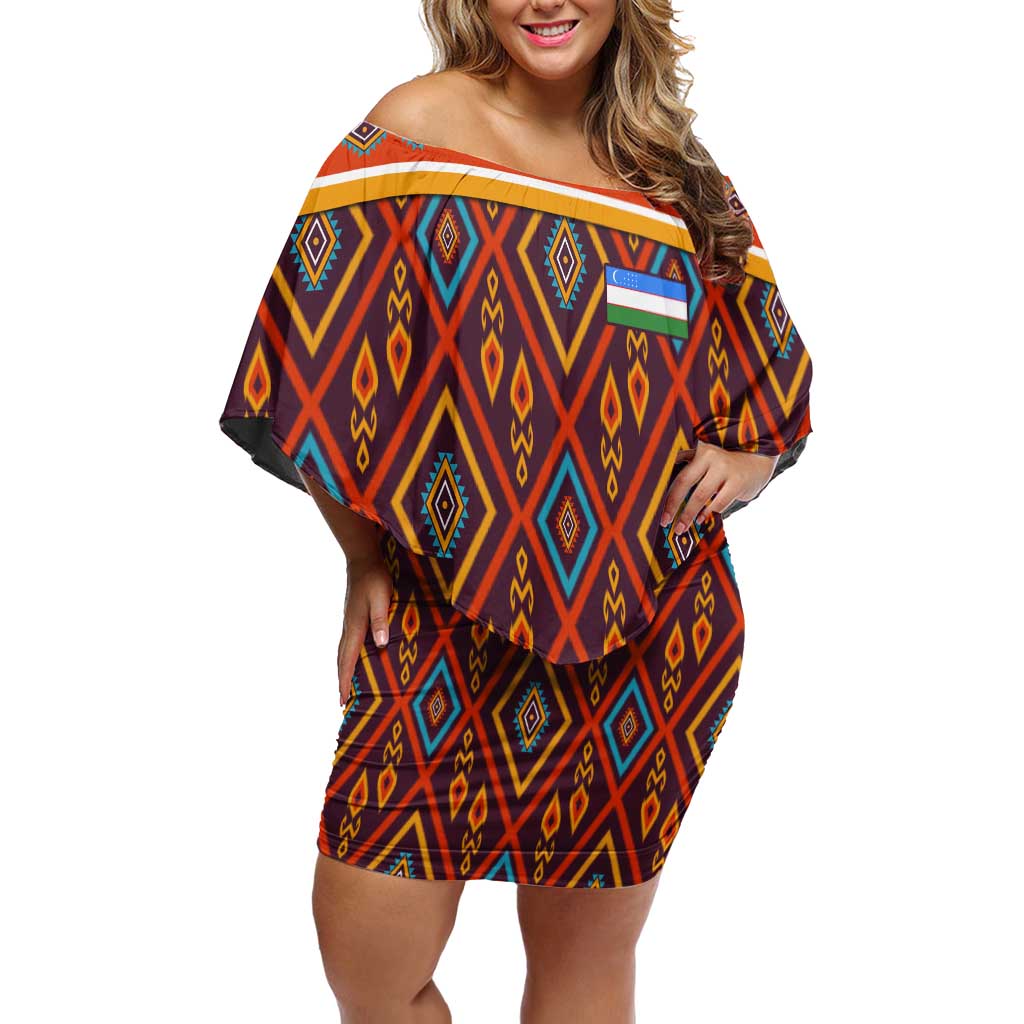 Uzbekistan Off Shoulder Short Dress with Traditional Geometric Motif Design - Wonder Print Shop