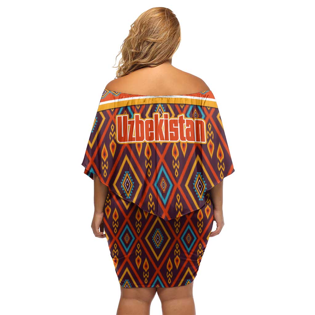 Uzbekistan Off Shoulder Short Dress with Traditional Geometric Motif Design - Wonder Print Shop