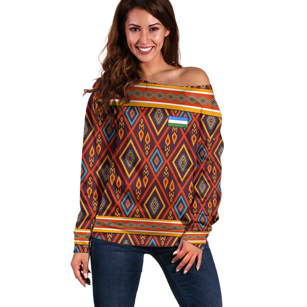 Uzbekistan Off Shoulder Sweater with Traditional Geometric Motif Design - Wonder Print Shop
