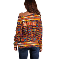 Uzbekistan Off Shoulder Sweater with Traditional Geometric Motif Design - Wonder Print Shop