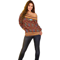Uzbekistan Off Shoulder Sweater with Traditional Geometric Motif Design - Wonder Print Shop