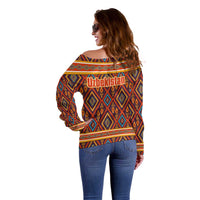 Uzbekistan Off Shoulder Sweater with Traditional Geometric Motif Design - Wonder Print Shop