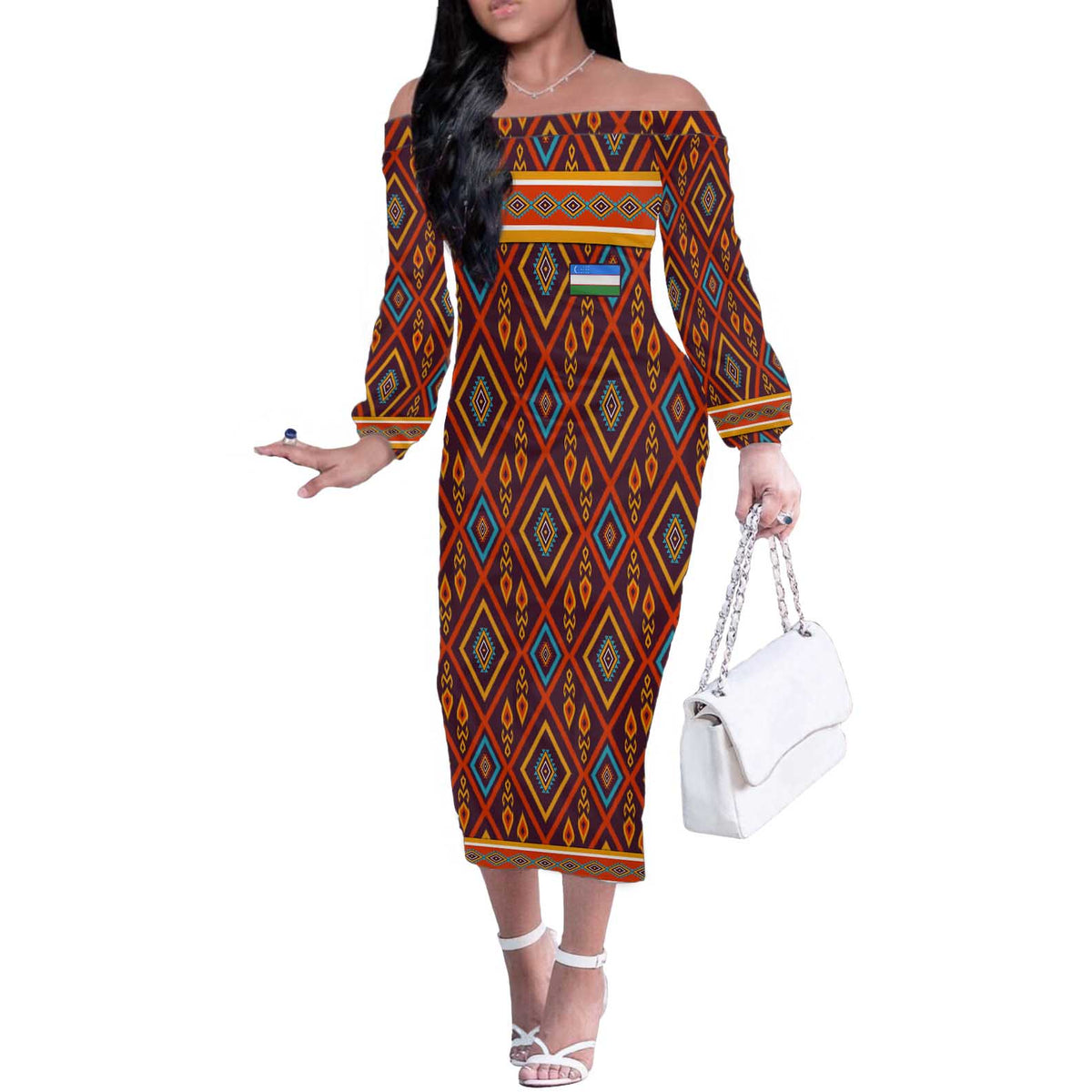 Uzbekistan Off The Shoulder Long Sleeve Dress with Traditional Geometric Motif Design - Wonder Print Shop