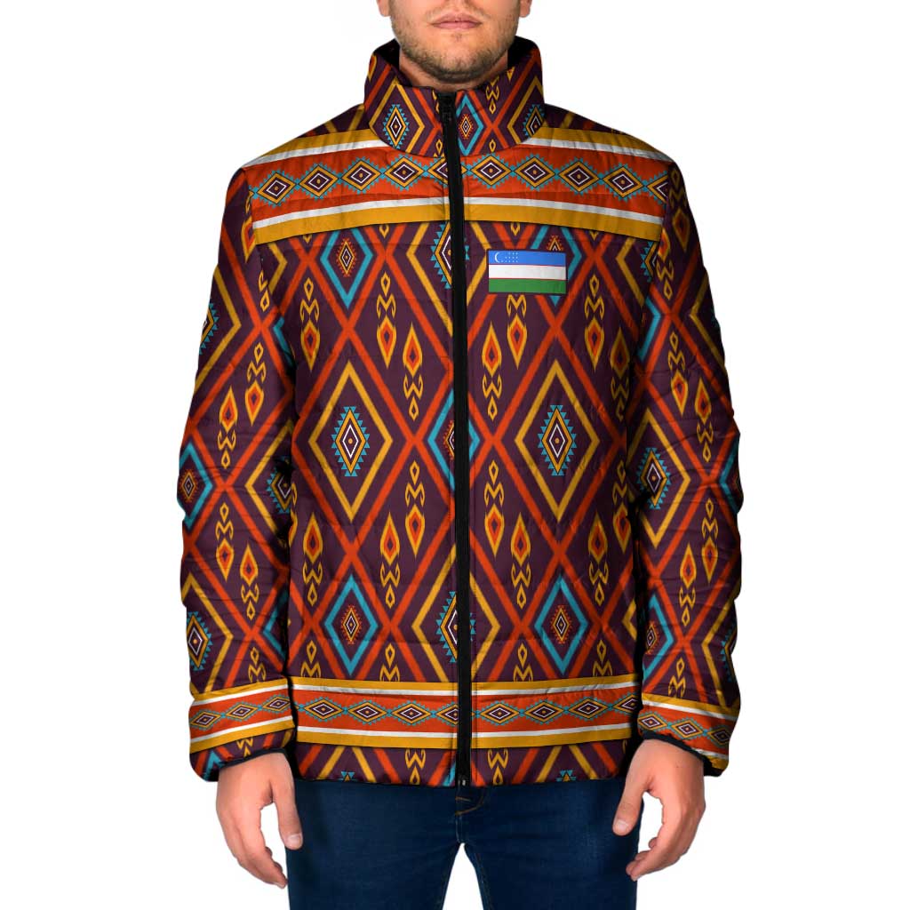 Uzbekistan Padded Jacket with Traditional Geometric Motif Design - Wonder Print Shop