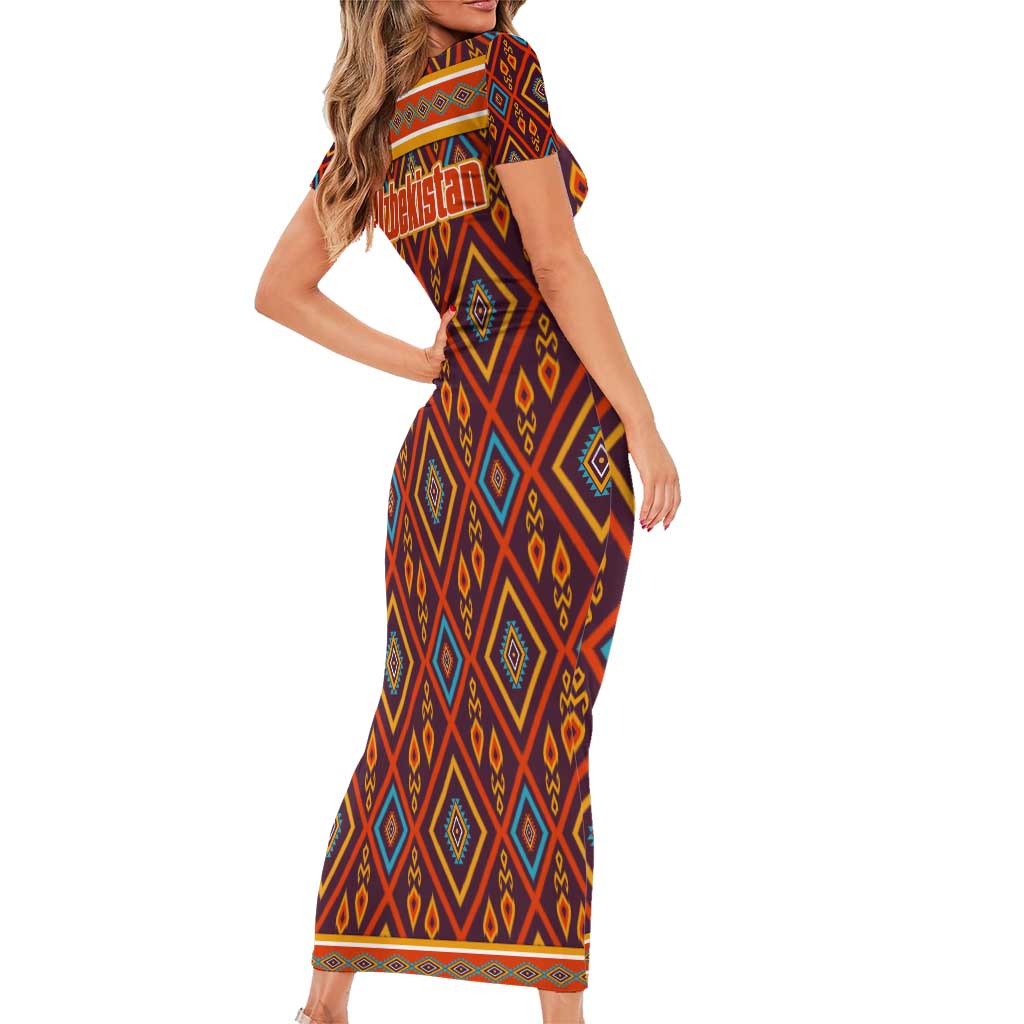 Uzbekistan Short Sleeve Bodycon Dress with Traditional Geometric Motif Design - Wonder Print Shop