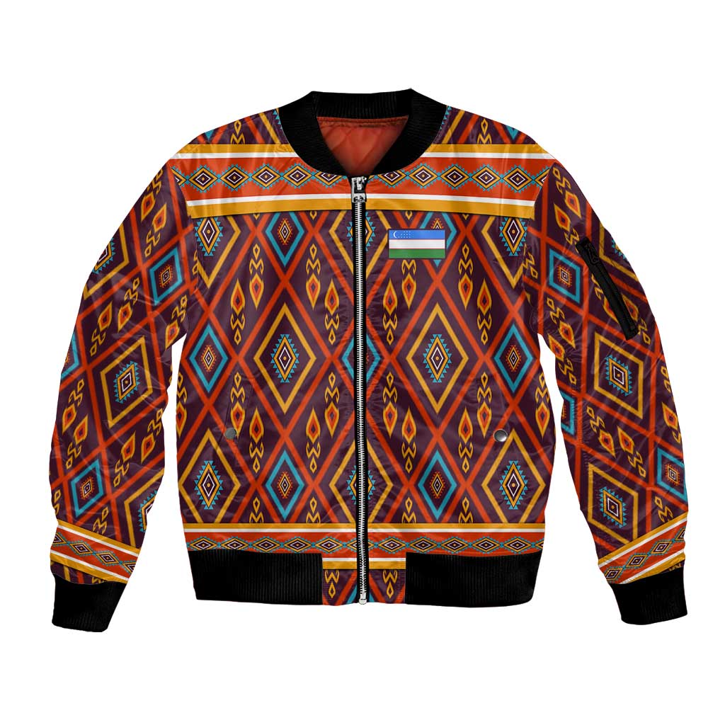 Uzbekistan Sleeve Zip Bomber Jacket with Traditional Geometric Motif Design - Wonder Print Shop