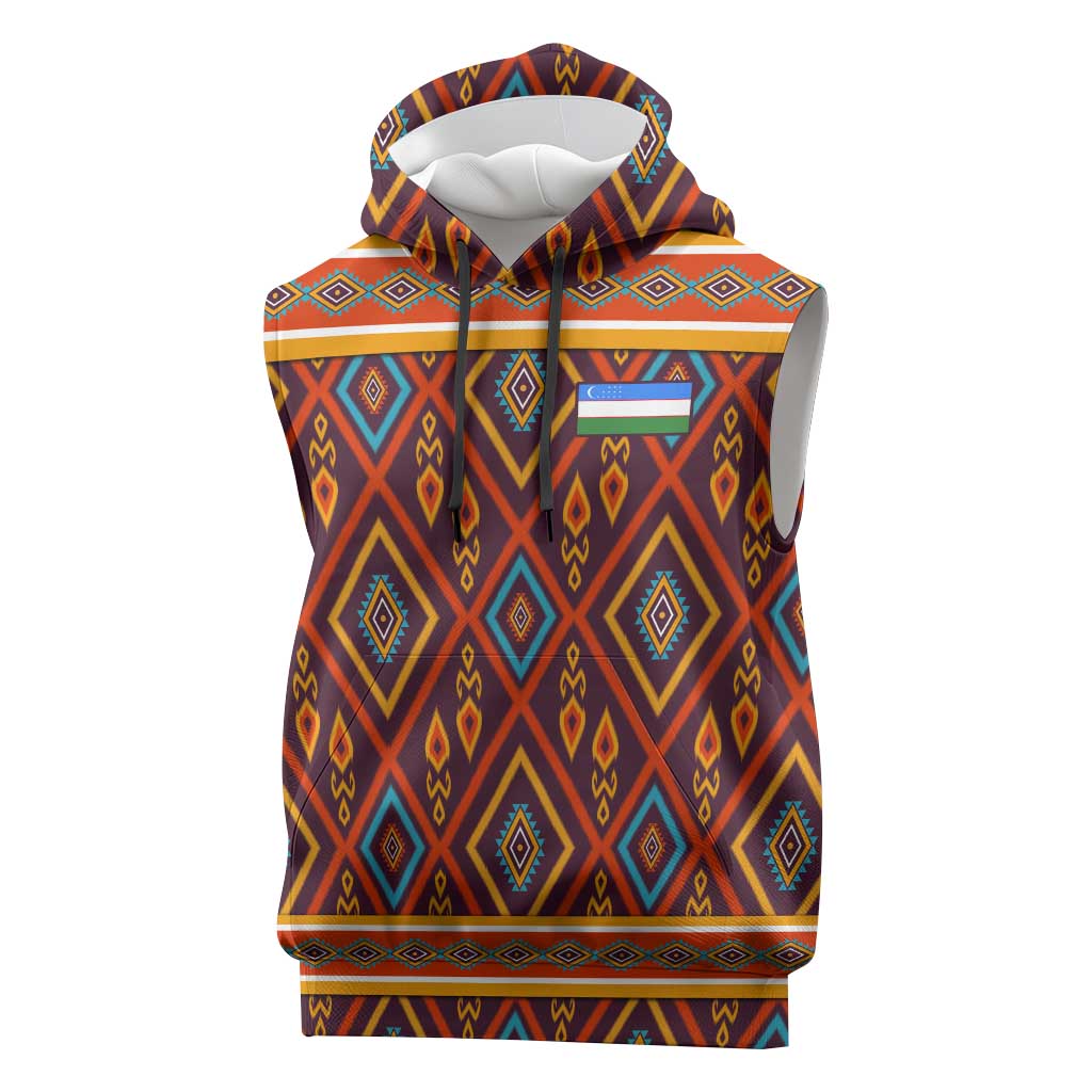 Uzbekistan Sleeveless Hoodie with Traditional Geometric Motif Design - Wonder Print Shop