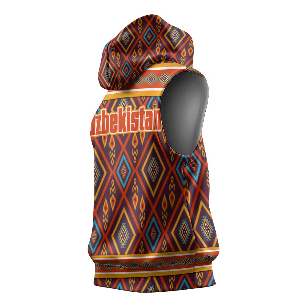 Uzbekistan Sleeveless Hoodie with Traditional Geometric Motif Design - Wonder Print Shop