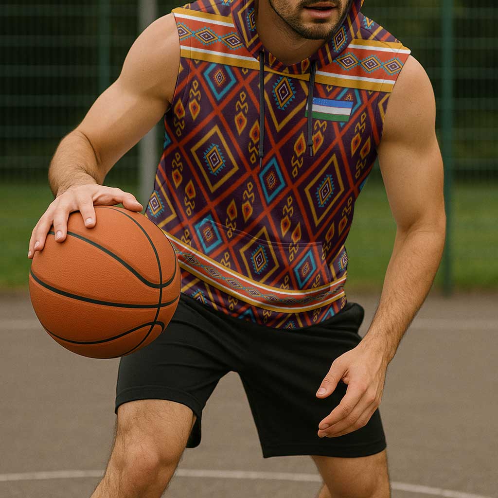 Uzbekistan Sleeveless Hoodie with Traditional Geometric Motif Design - Wonder Print Shop