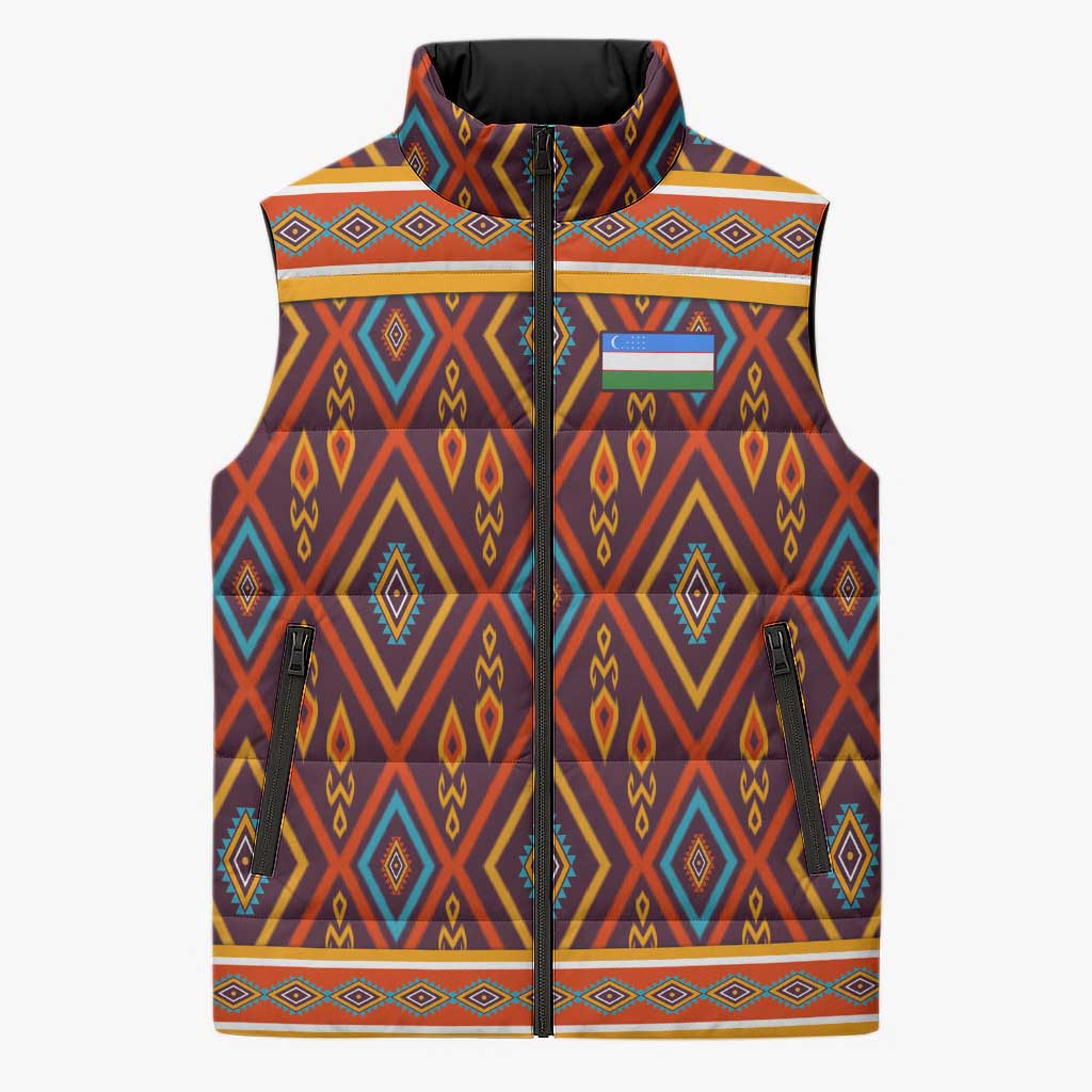 Uzbekistan Sleeveless Puffer Jacket with Traditional Geometric Motif Design - Wonder Print Shop