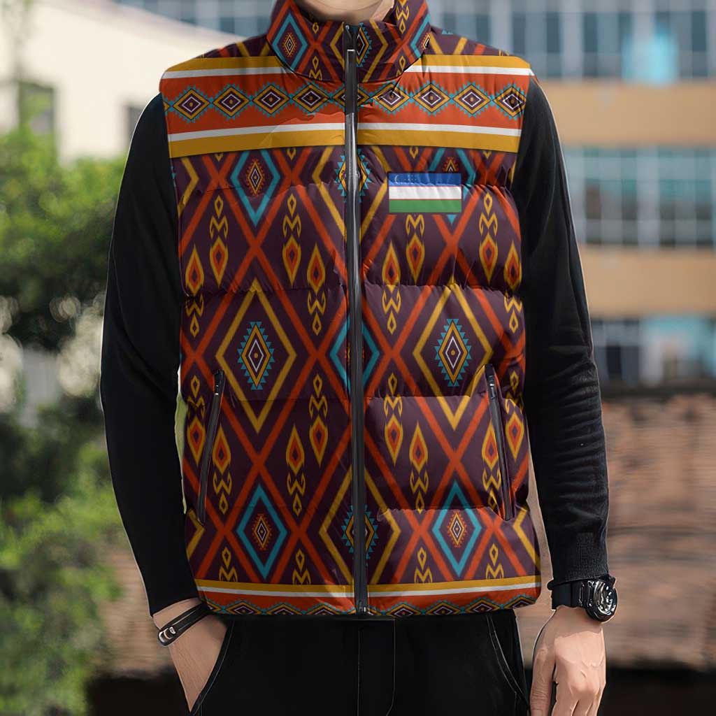 Uzbekistan Sleeveless Puffer Jacket with Traditional Geometric Motif Design - Wonder Print Shop