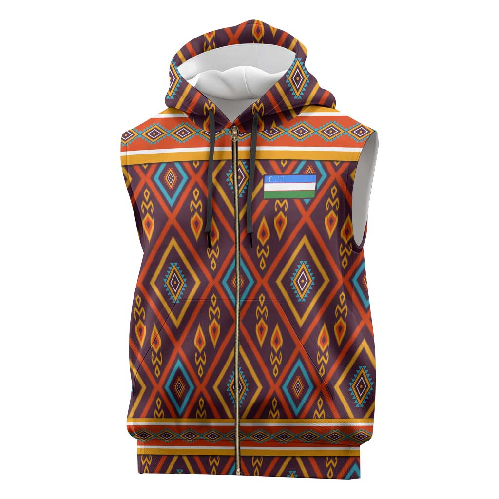 Uzbekistan Sleeveless Zip Hoodie with Traditional Geometric Motif Design - Wonder Print Shop