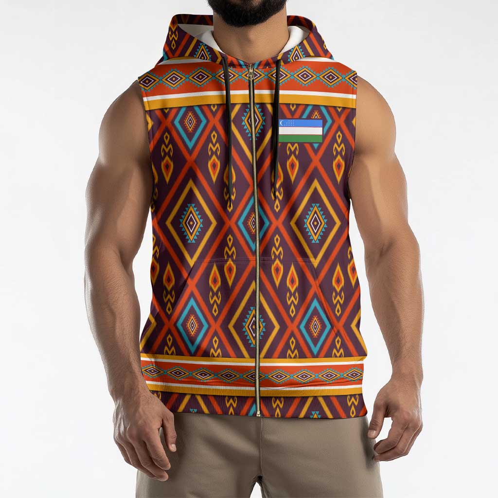 Uzbekistan Sleeveless Zip Hoodie with Traditional Geometric Motif Design - Wonder Print Shop