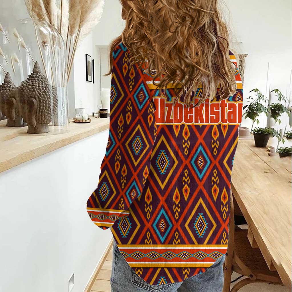 Uzbekistan Women Casual Shirt with Traditional Geometric Motif Design - Wonder Print Shop
